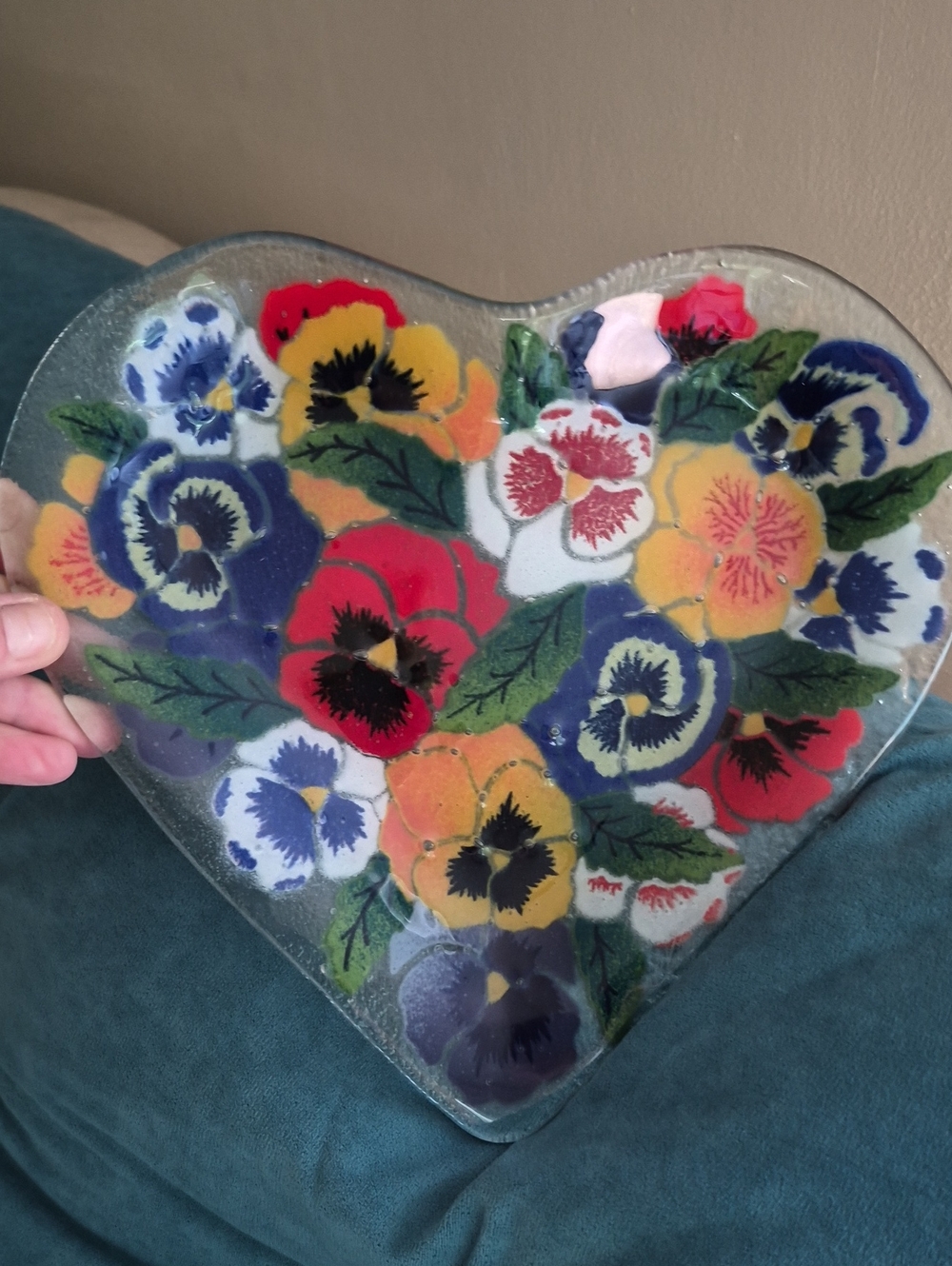 Peggy Karr Studio Art fused glass heart shape vibrant pansy Bowl Decor Signed